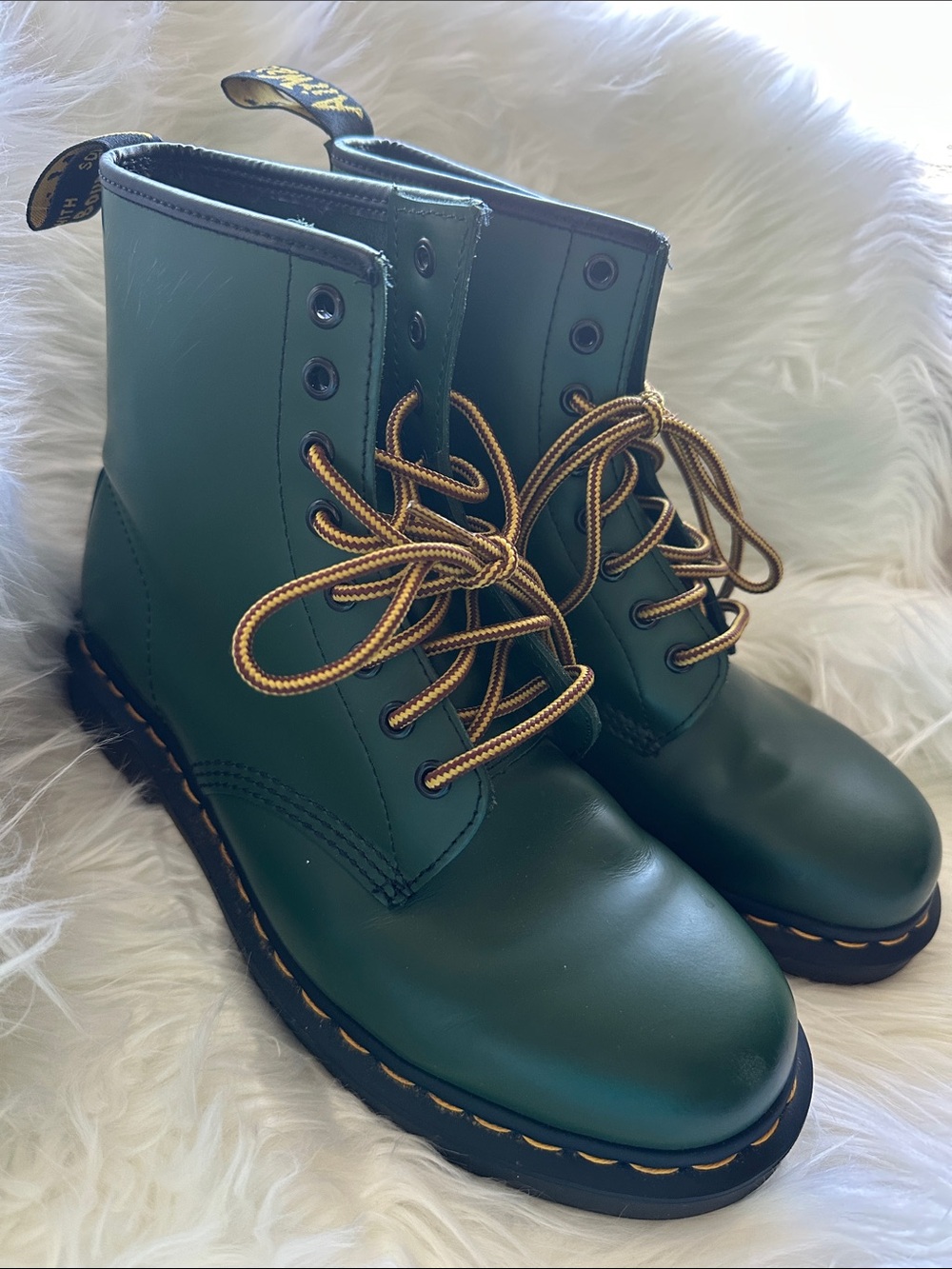 Dr. Martens Green Combat Boots with Gold Laces W Size 10 M size 9